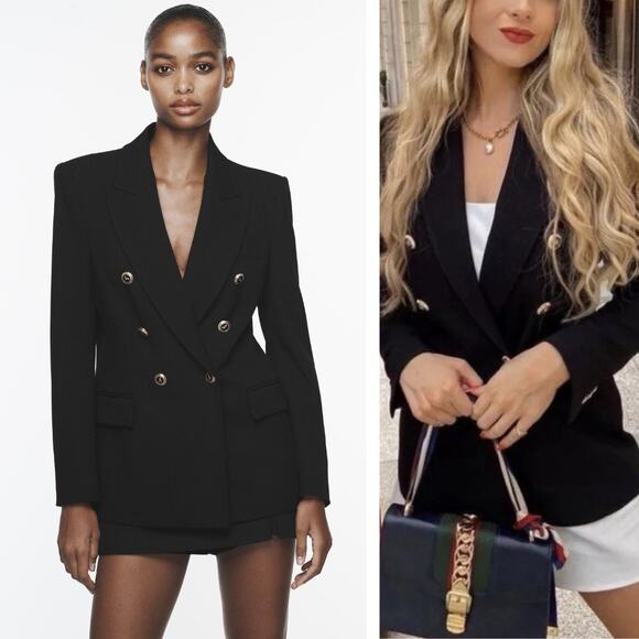 Zara Jackets & Blazers - ZARA Tailored Double Breasted Gold Button Black Blazer Size Medium